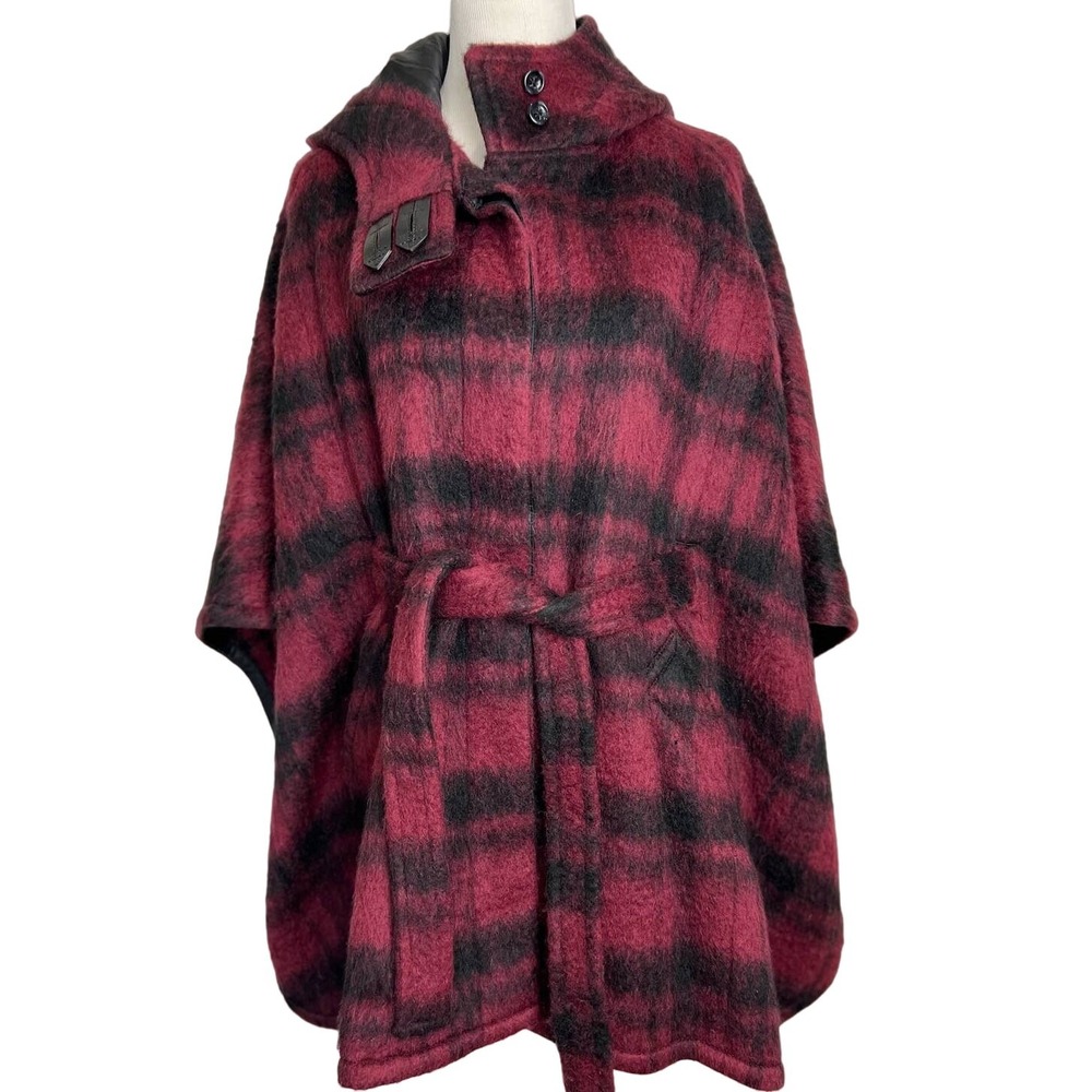 Coach Womens M/L Cape Coat Plaid Hooded Belted Wool Alpaca Blend Burgundy Black